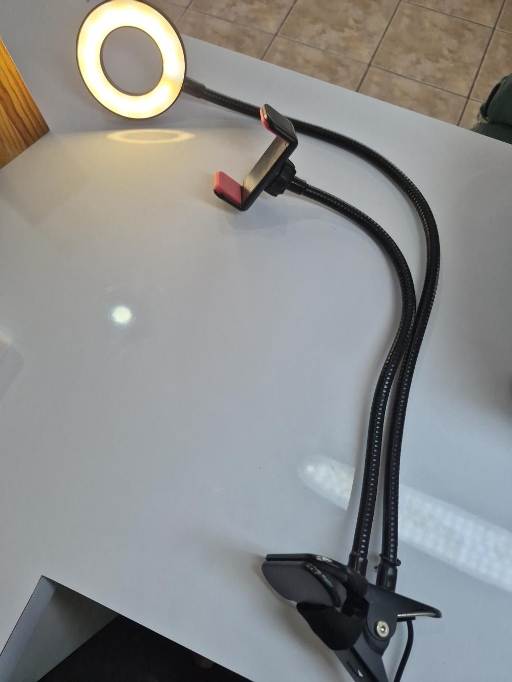 Adjustable Dual Gooseneck Phone Holder with LED Ring Light - Black